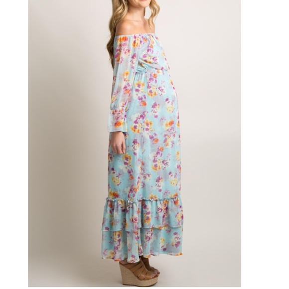 Blue Floral Off Shoulder Ruffle Maternity Maxi - Picture 3 of 6